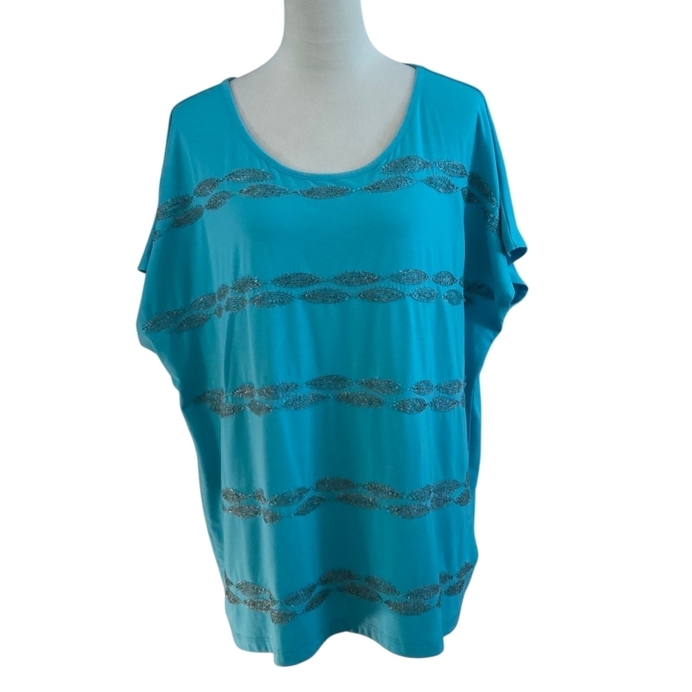 Ruby Rd. Woman Size 1X Pullover Teal Blue Slub Sleeves Striped Silver Beading
